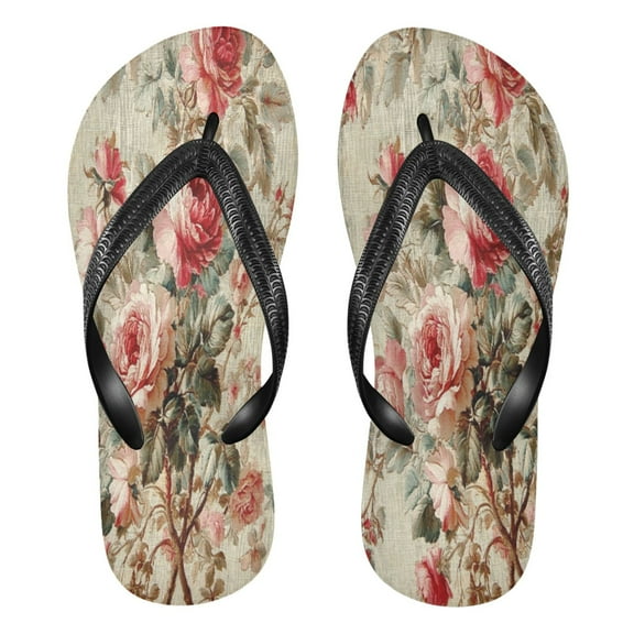 YAZAOOSummer Flip Flops Creatively Classic Rose Garden Fabric Simple Beach Sandals