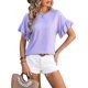 thumbnail image 3 of Camiseta de manga corta con volantes para mujer Camiseta de manga corta acanalada informal holgada con cuello redondo, 3 of 5