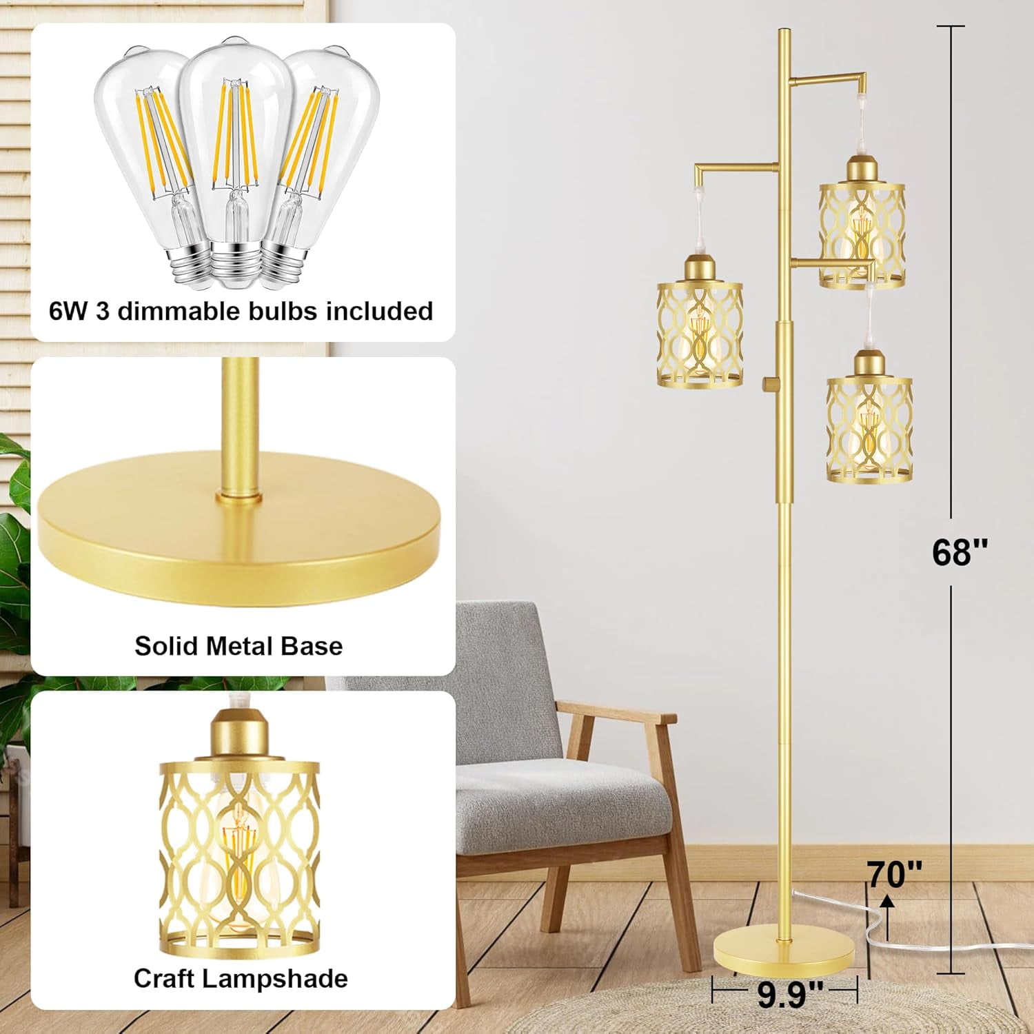 68" Gold Floor Lamp, Dimmable Industrial Floor Lamps for Living Room, 3 Light Rustic Standing Tall Lamp Including 3 PCS 6W E26 Bulbs, Farmhouse Tree Floor Lamp for Bedrooms, Office, Bar