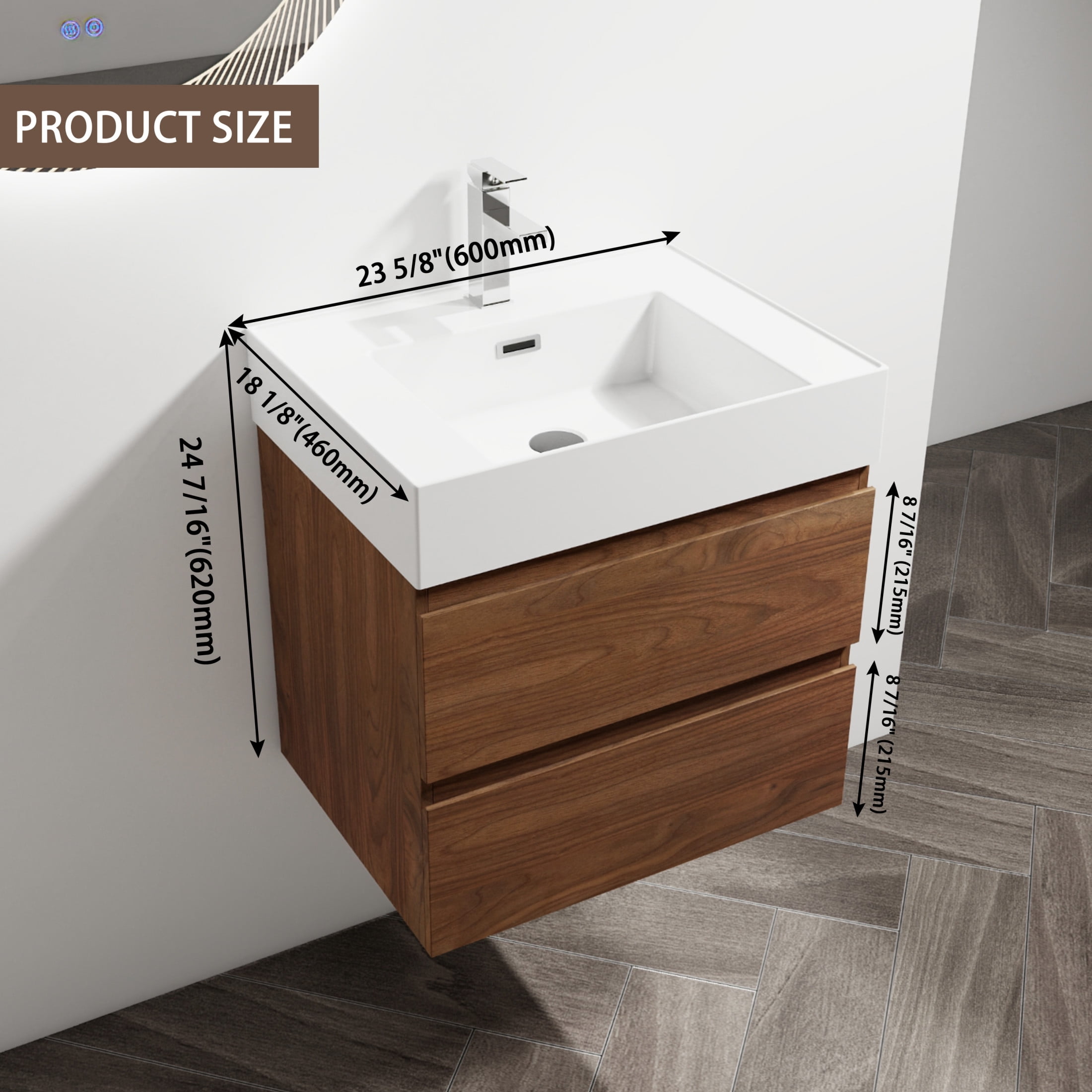 Noble House 24" Wall-Mounted Bathroom Vanity, Resin Sink, 2 Soft-Close Drawers, Wood Grain Finish, Brown Oak
