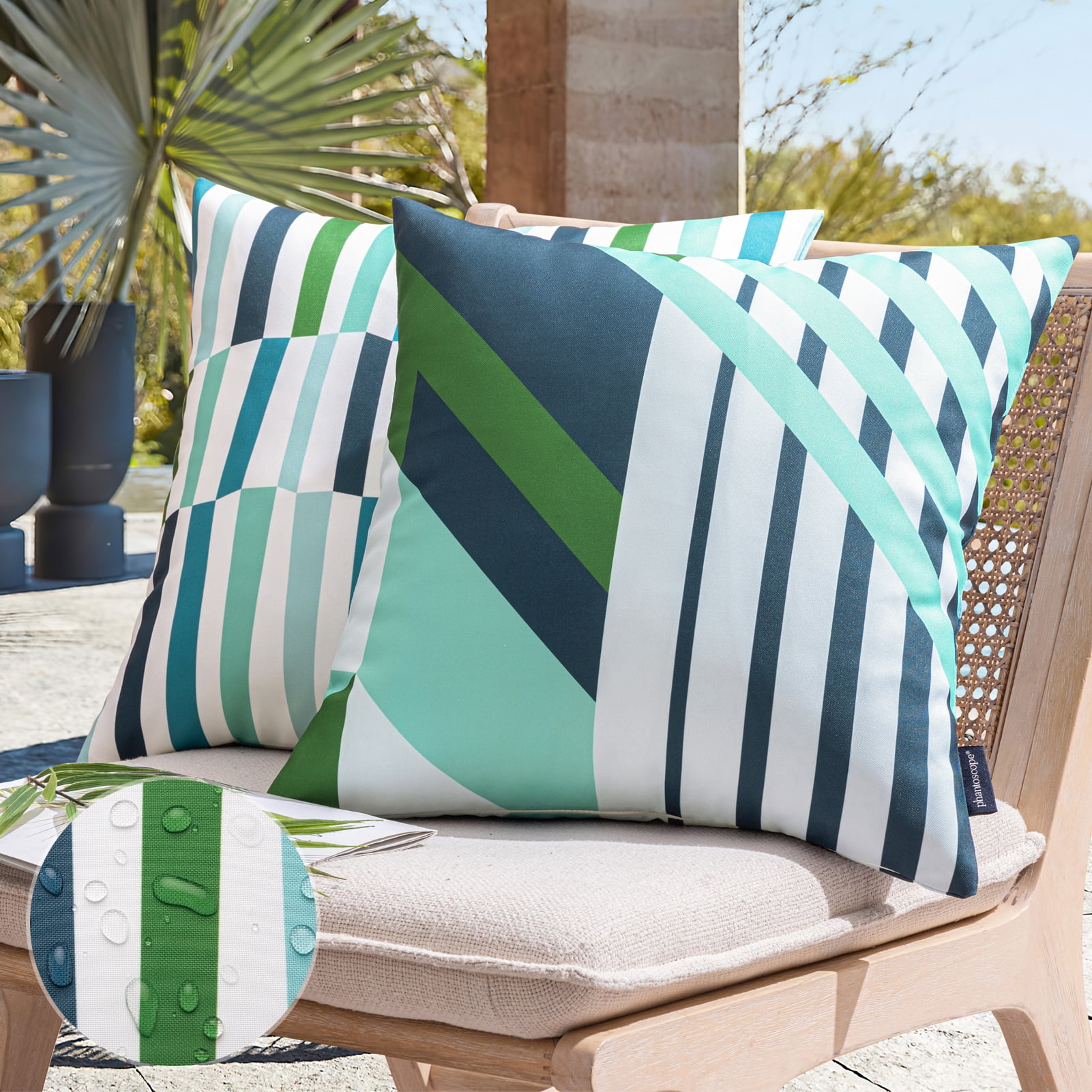 Phantoscope 2 Pack Waterproof Outdoor Decorative Throw Pillow 20x20, Geometric Color Block Patio Cushion Cases for Couch & Tent, Navy Blue