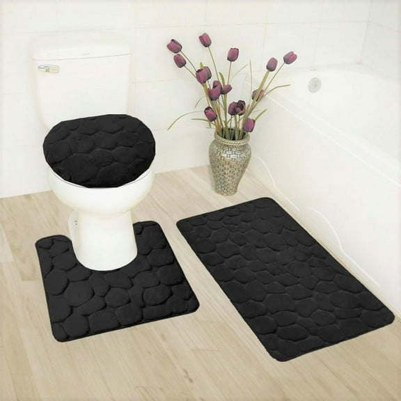 Chenille Non Slip Mat Rug for Bathroom #6 Black Color 1 Mat ,1 Contour Mat, 1 Lid Cover & 4pc Matching Ceramic Accessories