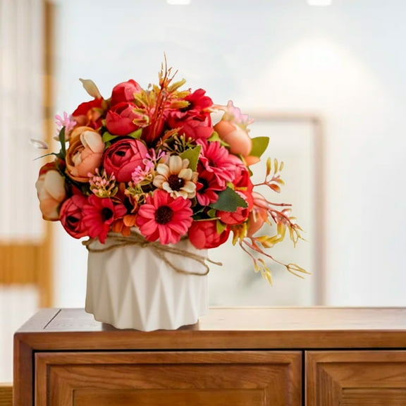 Luxcidy Faux Flowers with Vase, Artificial Silk Flowers in Ceramic Vase, Fake Flower Arrangement for Home Office Kitchen Bathroom Coffee Dining Table Centerpiece Decor (Red)