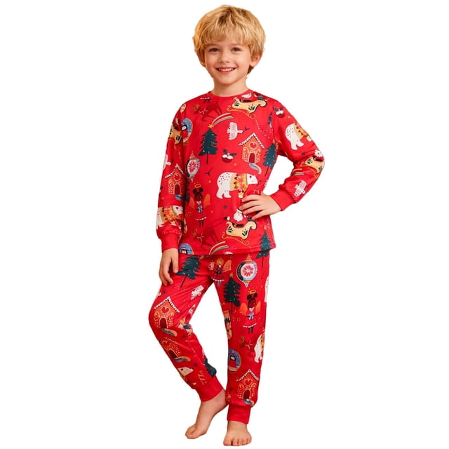 WENXIAOO Pyjamas de Noël pour Enfants Pyjamas Père Noël Col Rond Manches Longues Confort Ensemble Haut Pantalon Pyjamas de Vacances pour Enfants Ensemble 7-8 Ans