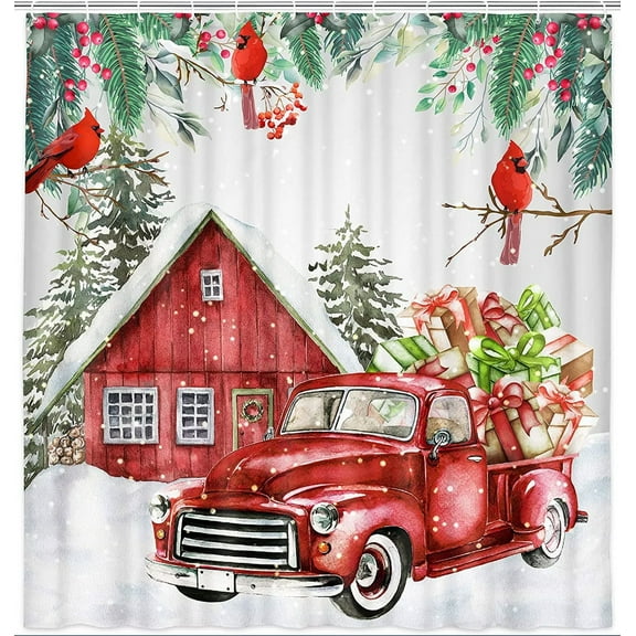 Christmas Fabric Shower Curtain, Farm Red Truck Barn and Holiday Trees with Snow Shower Curtain, Winter Cardinal Birds Bath Curtain with Hooks 69 x 70 Inch