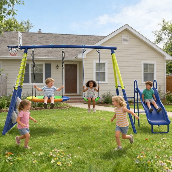 Shengchao Trade Metal Kids Swing Set with Heavy Duty Outdoor a-Frame, 2 Swings