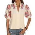 thumbnail image 2 of DPTALR Women's Fashion V-Neck Printed Puff Sleeve T-Shirt,Beige,Size M, 2 of 6