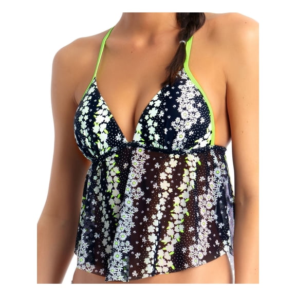 CALIFORNIA WAVES Women's Black Printed Push-Up Non-Removable Cups Adjustable Mesh Tankini Swimsuit Top XS