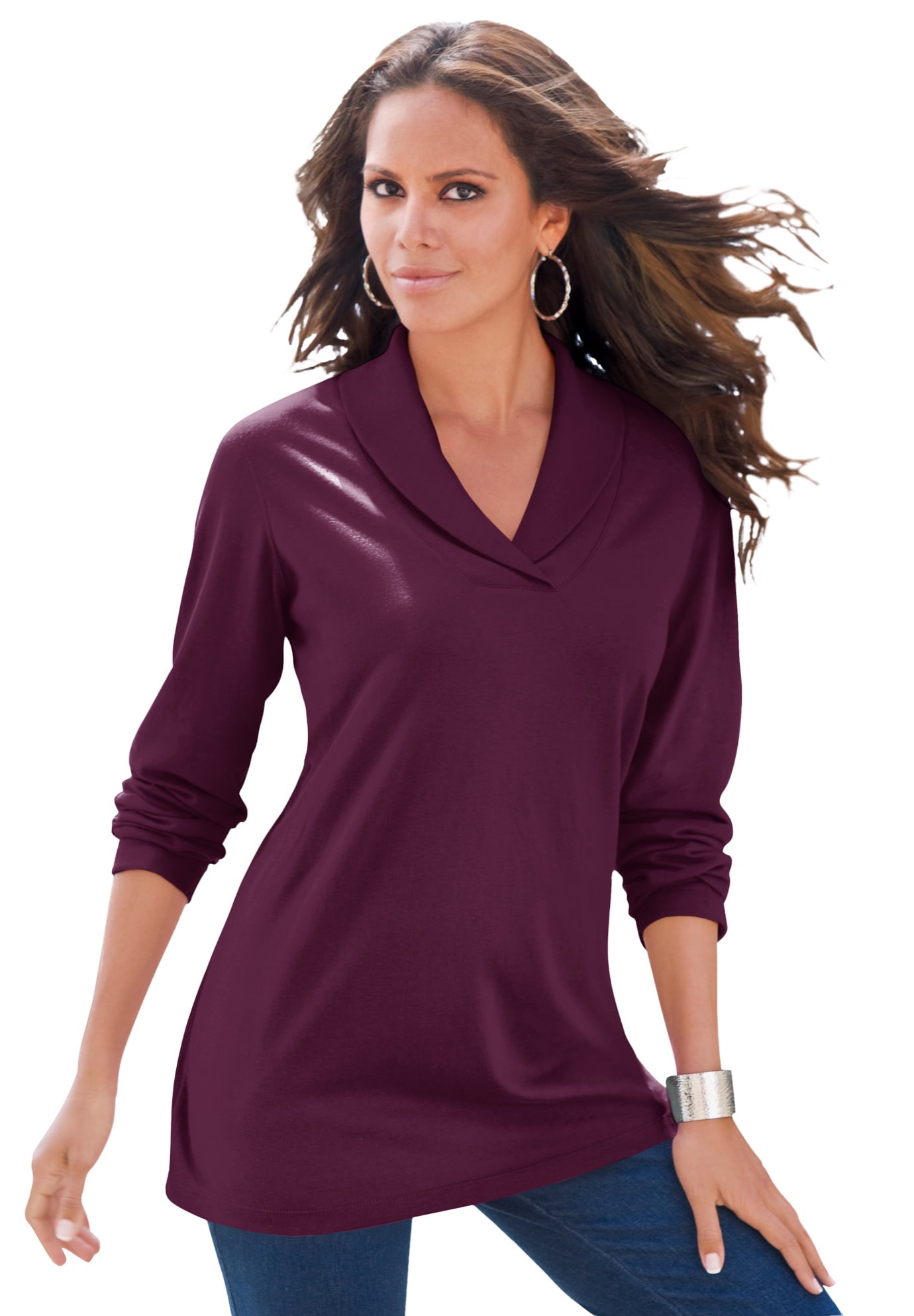 utilsigtet Sober Værdiløs Roaman's Women's Plus Size Shawl Collar Ultimate Tee Long Sleeve Shirt -  Walmart.com