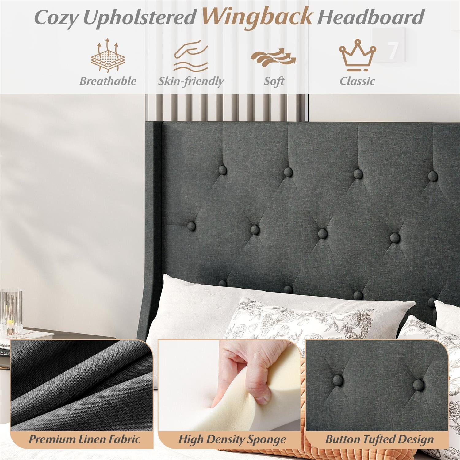 Spaco Queen Size Upholstered Bed Frame, Button Tufted Wingback Headboard, Linen Fabric & Foam, Rubber Wood Legs + Middle Support, Gray