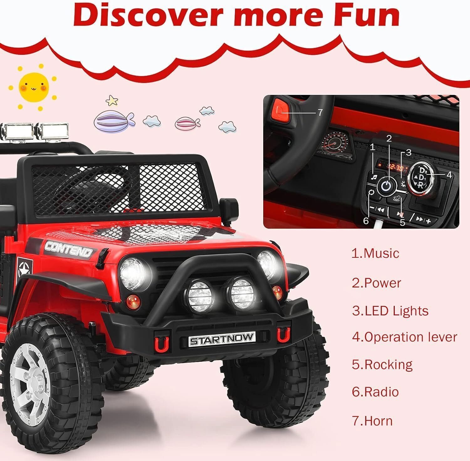 Dazone 12V Kids Ride on Jeep Car, Electric 2 Seats Off-road Jeep Ride on Truck Vehicle with Remote Control, LED Lights, MP3 Music, Red - image 3 of 7