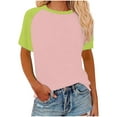 thumbnail image 2 of Tops for Women under $5 Short Sleeved Round Neck Color Block Printed Pullover T-shirt Pink, 2 of 5
