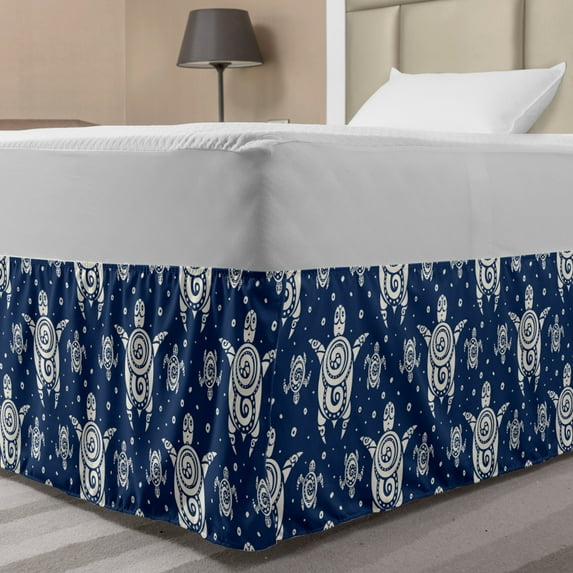 Turtle Bed Skirt, Abstract Design Creative Caretta Caretta Designs and Tiny Bubbles, Elastic Bedskirt Dust Ruffle Wrap Around for Bedding Decor, 4 Sizes, Night Blue and Ivory, by Ambesonne