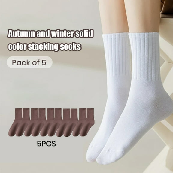 sunsanly 5 Pairs Women Socks Mid-tube No Odor Thick Warm Solid Color High Elasticity Anti-slip Sweat-absorption Anti-shrink Sports Winter Socks