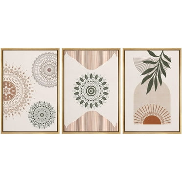 IDEA4WALL Framed Canvas Print Wall Art Set of 3 Geometric Mandala Pattern Forest Plant Abstract Nature Illustrations Modern Art Nordic Zen Decorative for Home Decor - Natural 24"x36"x3