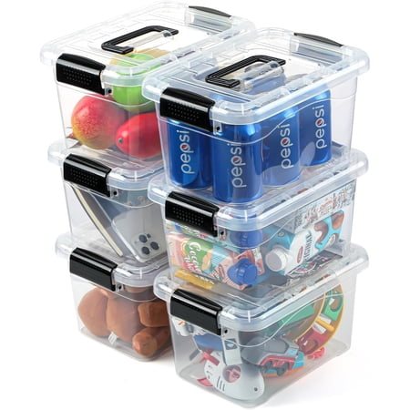 Plastic Storage Bins 7 Quart-Storage Organizer Bins with Black Buckle Lids, Stackable Storage Bins with Lids for Home Office Kids Room Closet School Art Supplies Organization,6 Packs, Clear