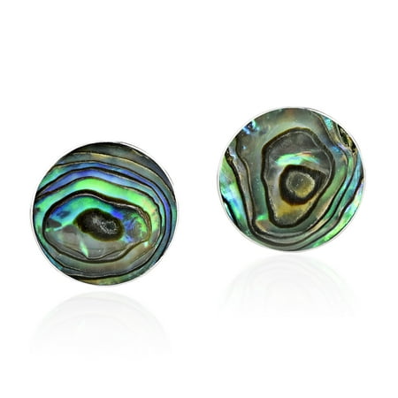 Round Shell Earrings - Green Abalone Shell Mystical Round .925 Sterling Silver Post Earrings