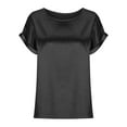 thumbnail image 3 of YYDGH Women's Elegant Round Neck Rolled Short Sleeve Satin Silk Blouse Tops Black XL, 3 of 5