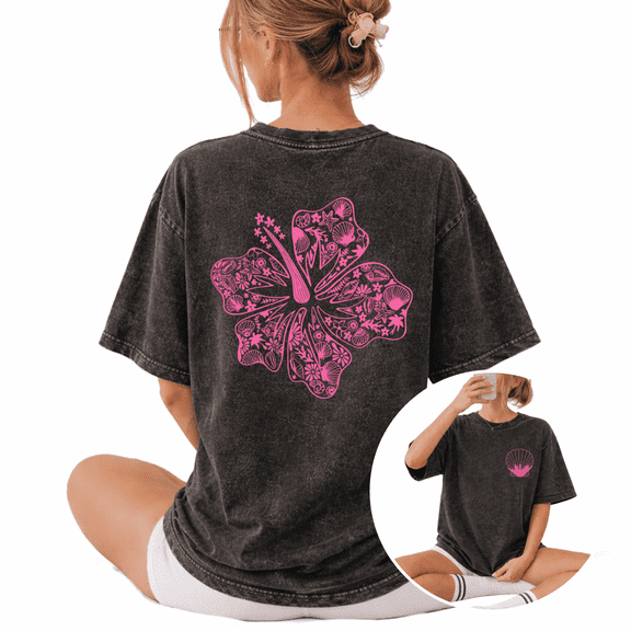 Retro Coquette Hot Pink Hibiscus Wash Print Tshirt S-2XL Vintage Black Graphic Tees Gift Shirts for Girly Beach Lover Tops