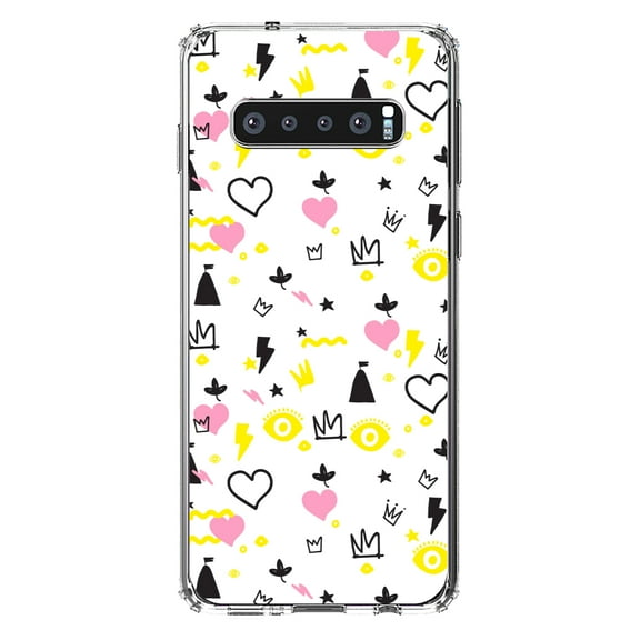 DistinctInk Clear Shockproof Hybrid Case for Samsung Galaxy S10 (6.1" Screen) - TPU Bumper, Acrylic Back, Tempered Glass Screen Protector - Girl Power - Crown Hearts Castle Pink Yellow