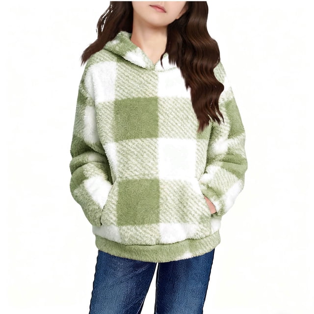 Girls' Casual Hooded Jacket with Pockets and Plaid Top Fashionable and Practical