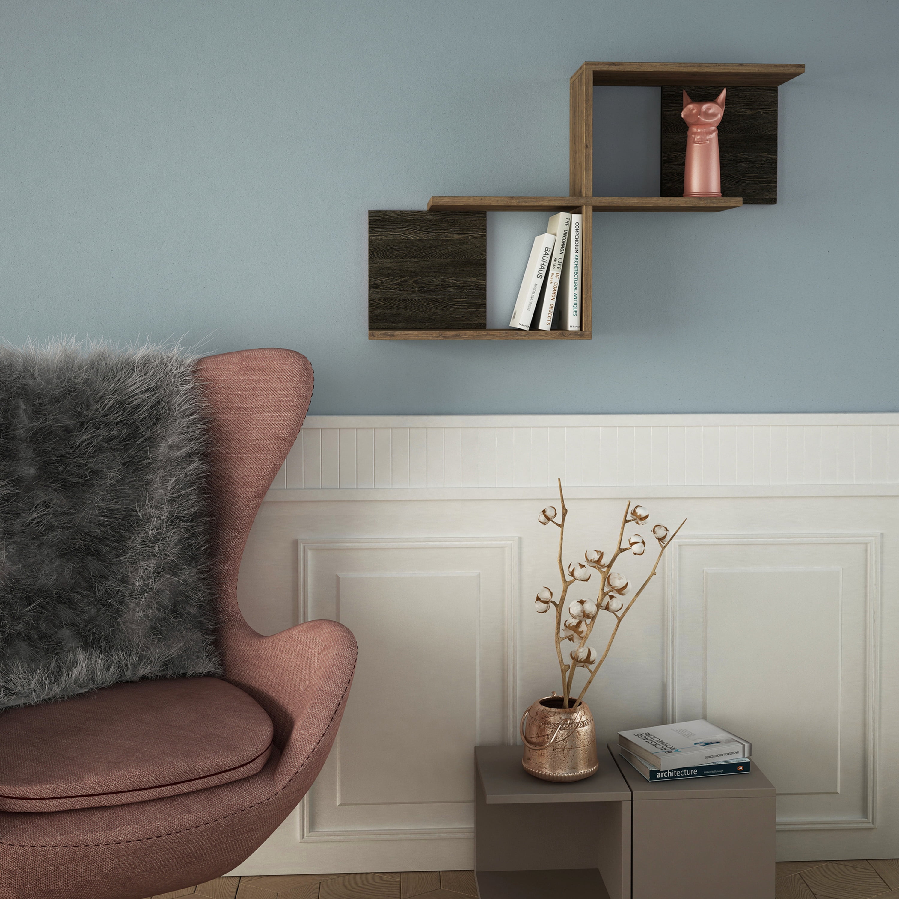 Ada Home Decor Furniture 35.83" 2 Tier Light Walnut Wilfred Modern Wall Shelf