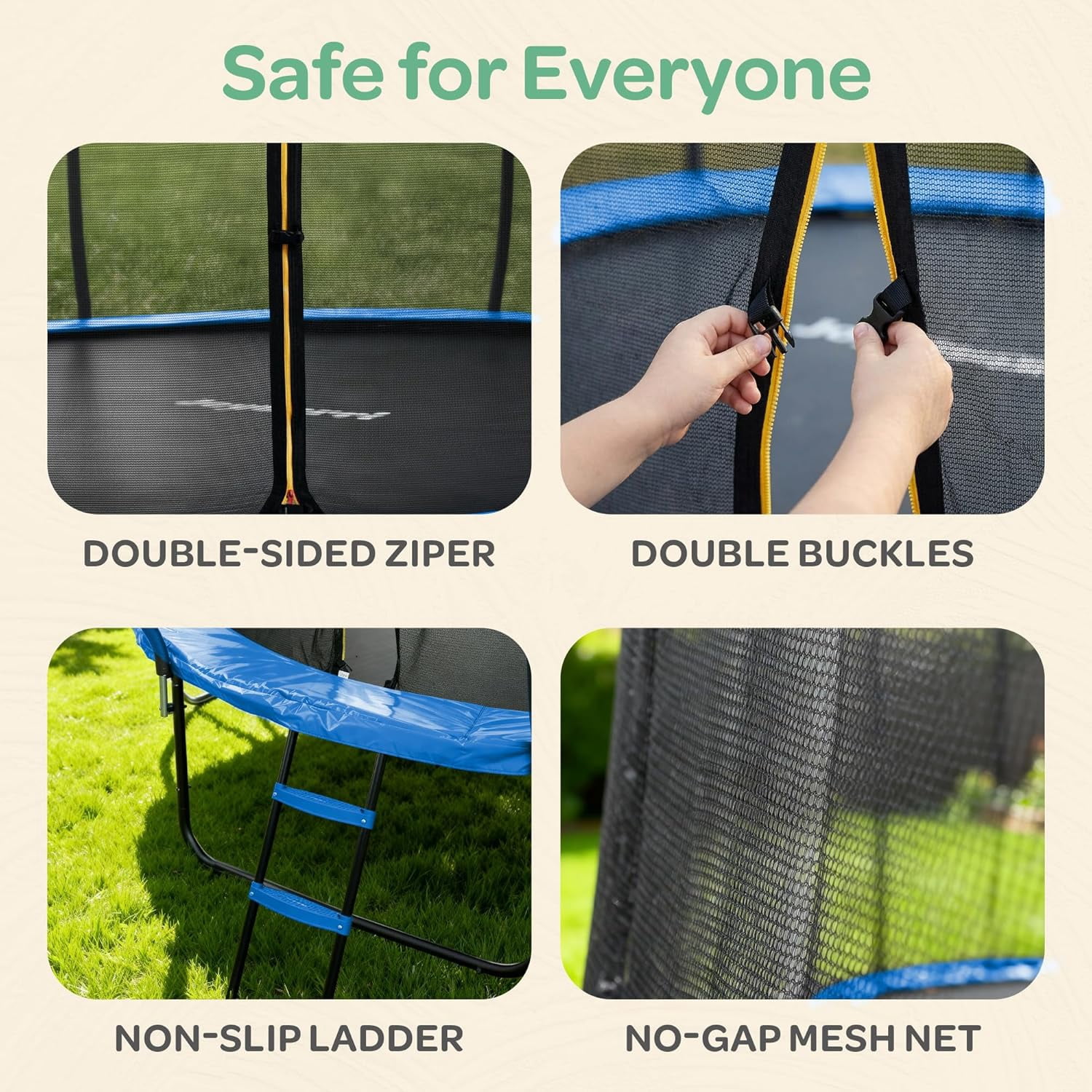 JoyBerri Outdoor Trampoline with Safety Enclosure, Ladder, LED Lights & Sprinkler – ASTM Certified, Rust-Resistant Steel Frame – Sizes 15F - Blue