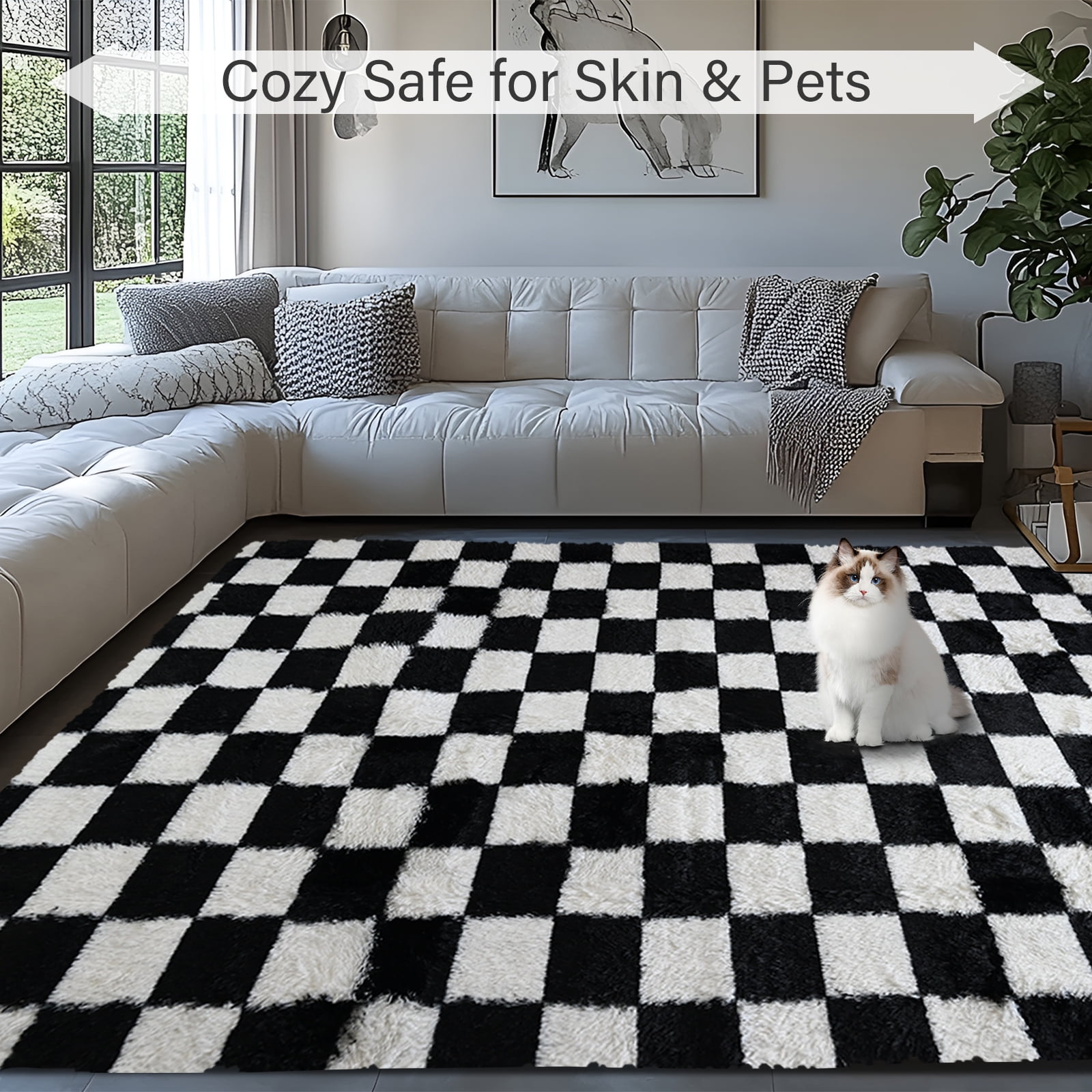 Pentantan 5ft x 8ft Shag Area Rugs for Living Room, Classic Checkered Fluffy Bedroom Carpet, Black & White