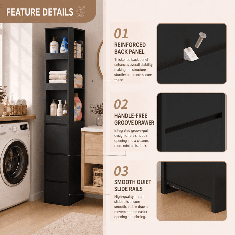 Lacoo 67''H Bathroom Storage Cabinet with 3 Drawers and Adjustable Shelves, Narrow Freestanding Linen Tower, Reversible Slim Organizer for Bathroom, Laundry Room and Kitchen, Black