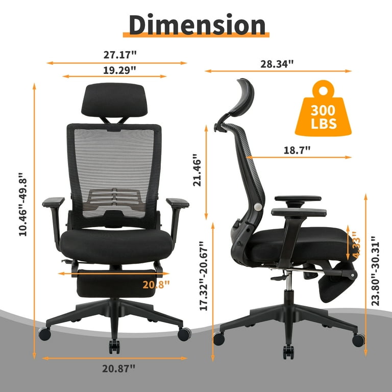 Foldable Ergonomic Office Chair with Footrest, High Back Computer Chair  with 2D Headrest, Mesh Back, Sponge Seat, Adjustable Lumbar Support, 2D