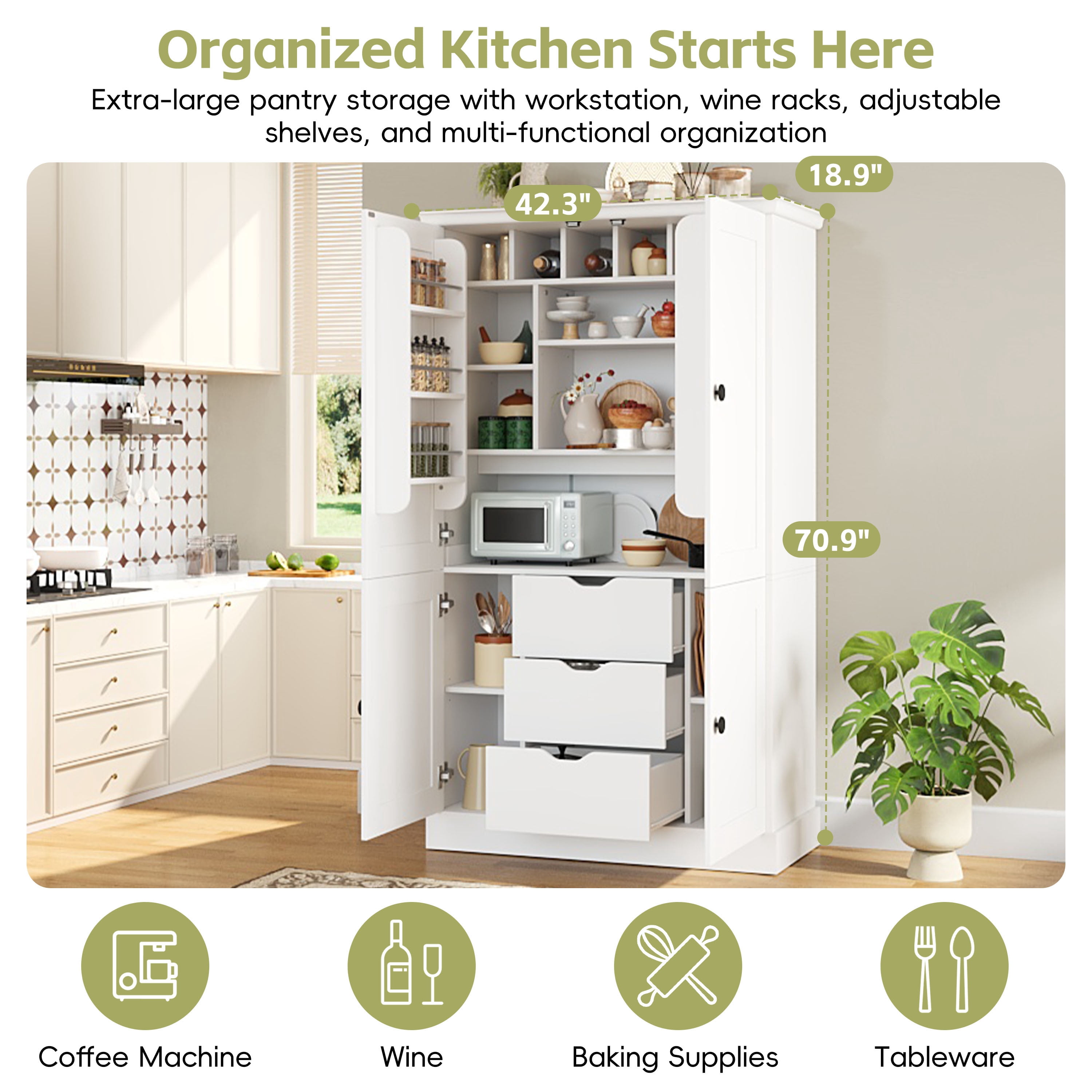 Euroco 70.9" Kitchen Pantry Cabinet with 3 Drawers, Farmhouse Tall Storage Cabinet with 6 Door Shelves, Removable Shelves and 6 Wine Racks,Freestanding Cupboard for Dining Room,White