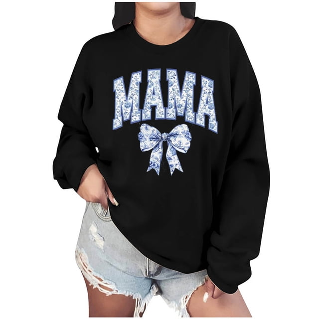 Culottes pour Femmes Manches Longues Mama Chandails en Molleton Col Rond Chandail Ample Léger Blouse Hauts m Noir