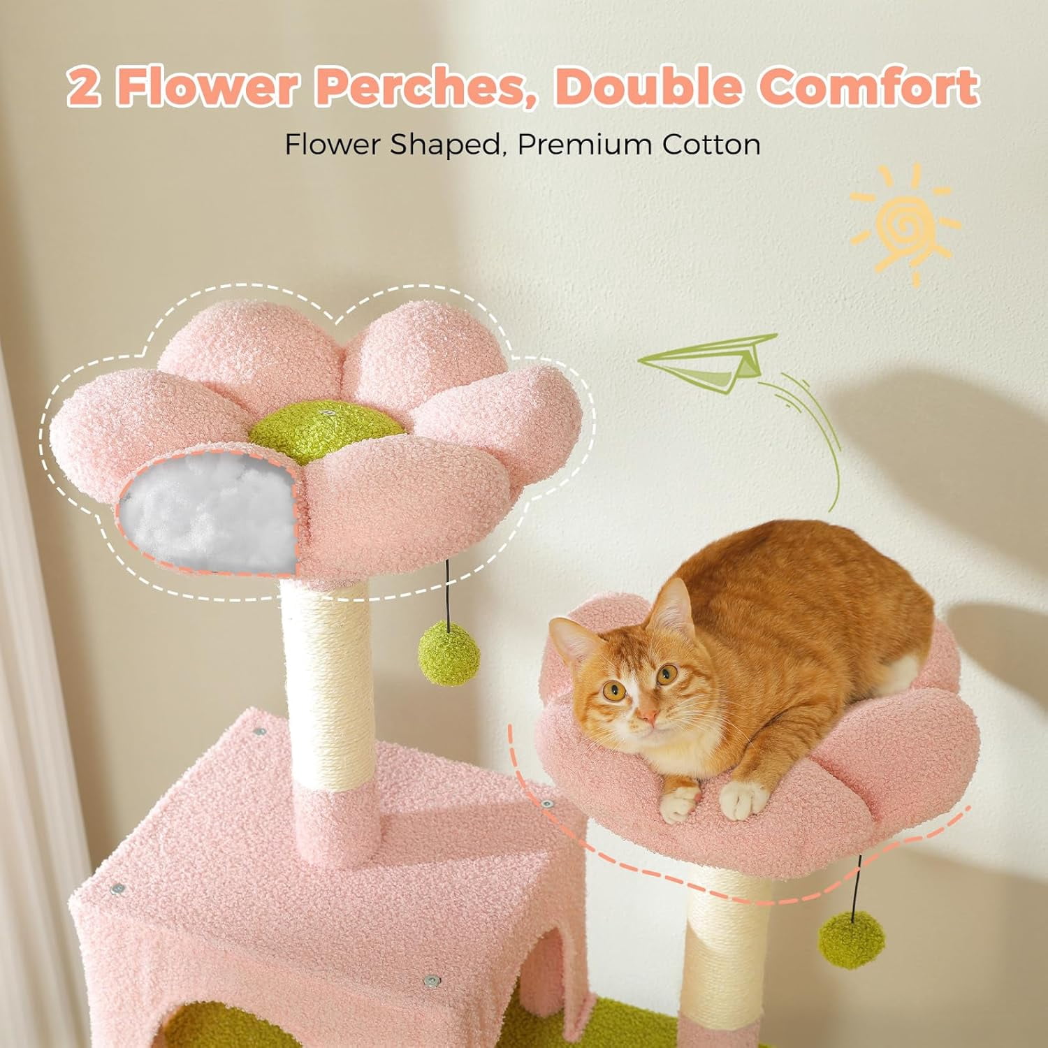 LEHOME Flower Cat Tree, 72 Inches Large Cat Tower with Steel Frame Hammock and 7 Scratching Posts, Tall Cat Tree with 2 Condos and Perches for Large Indoor Cats - Pink