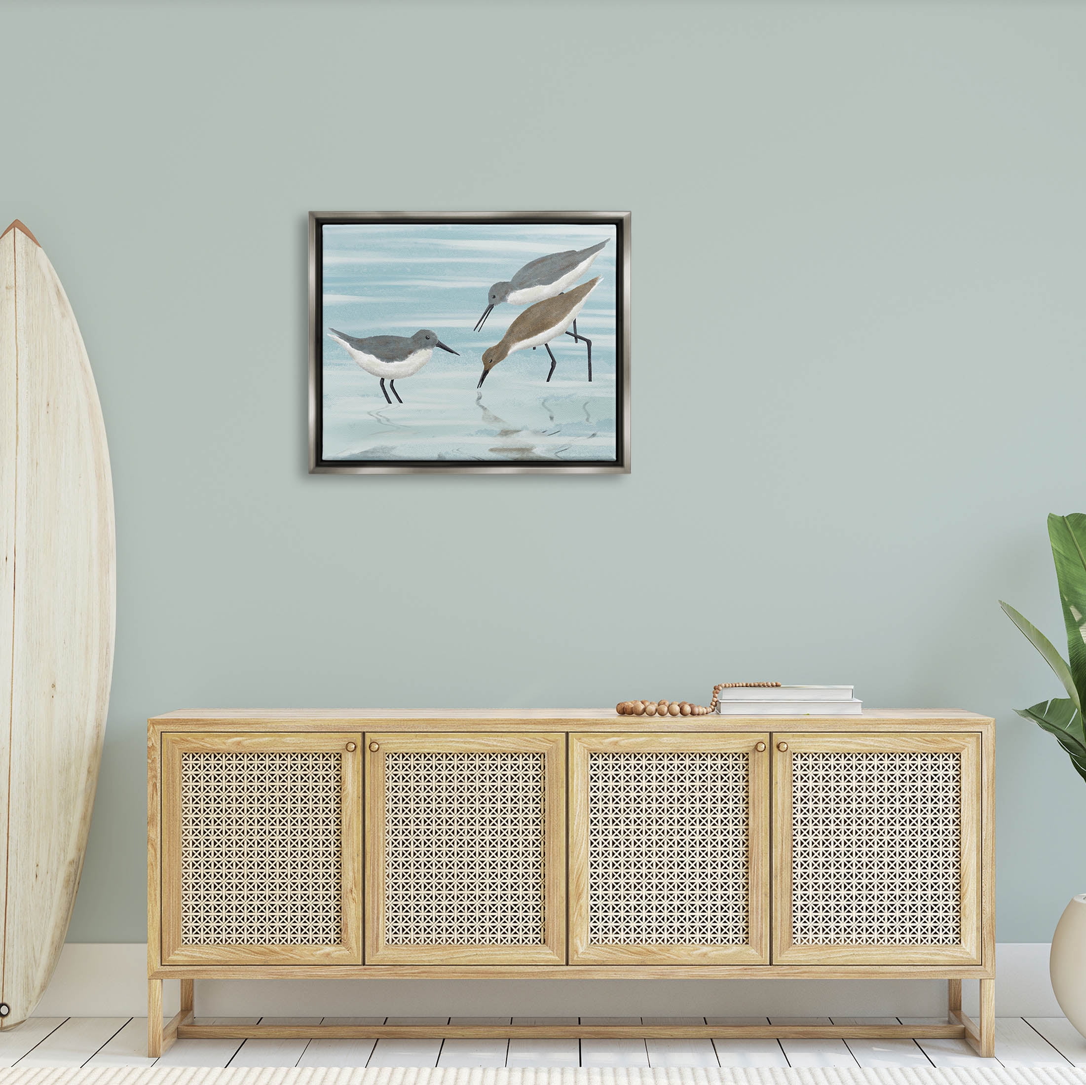 Stupell Industries Sandpipers Grazing Shallow Beach Water Graphic Art Luster Gray Floating Framed Canvas Print Wall Art, Design by Marcus Prime
