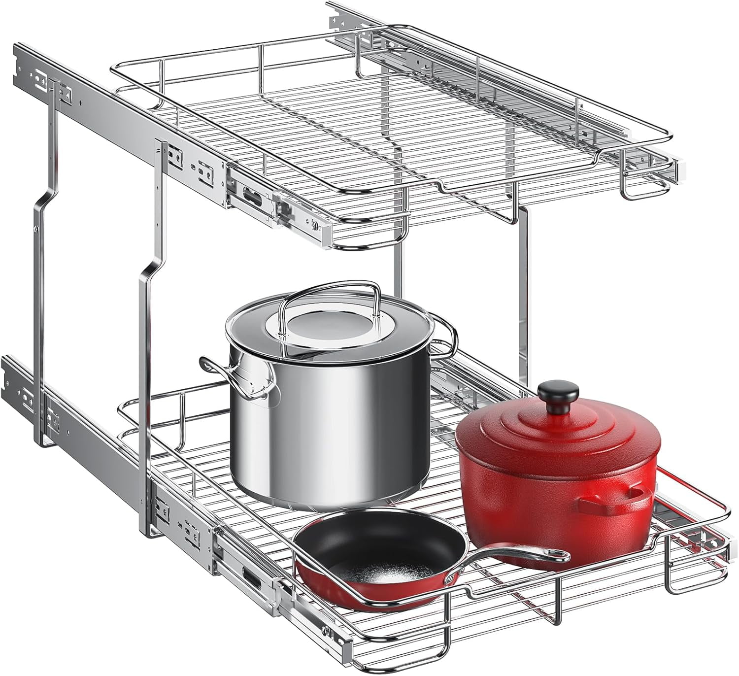 ORDORA 2 Tier Pull Out Cabinet Organizer, Heavy Duty Shelves for Kitchen Bathroom, Slide Out Chrome Steel Shelf Organizer