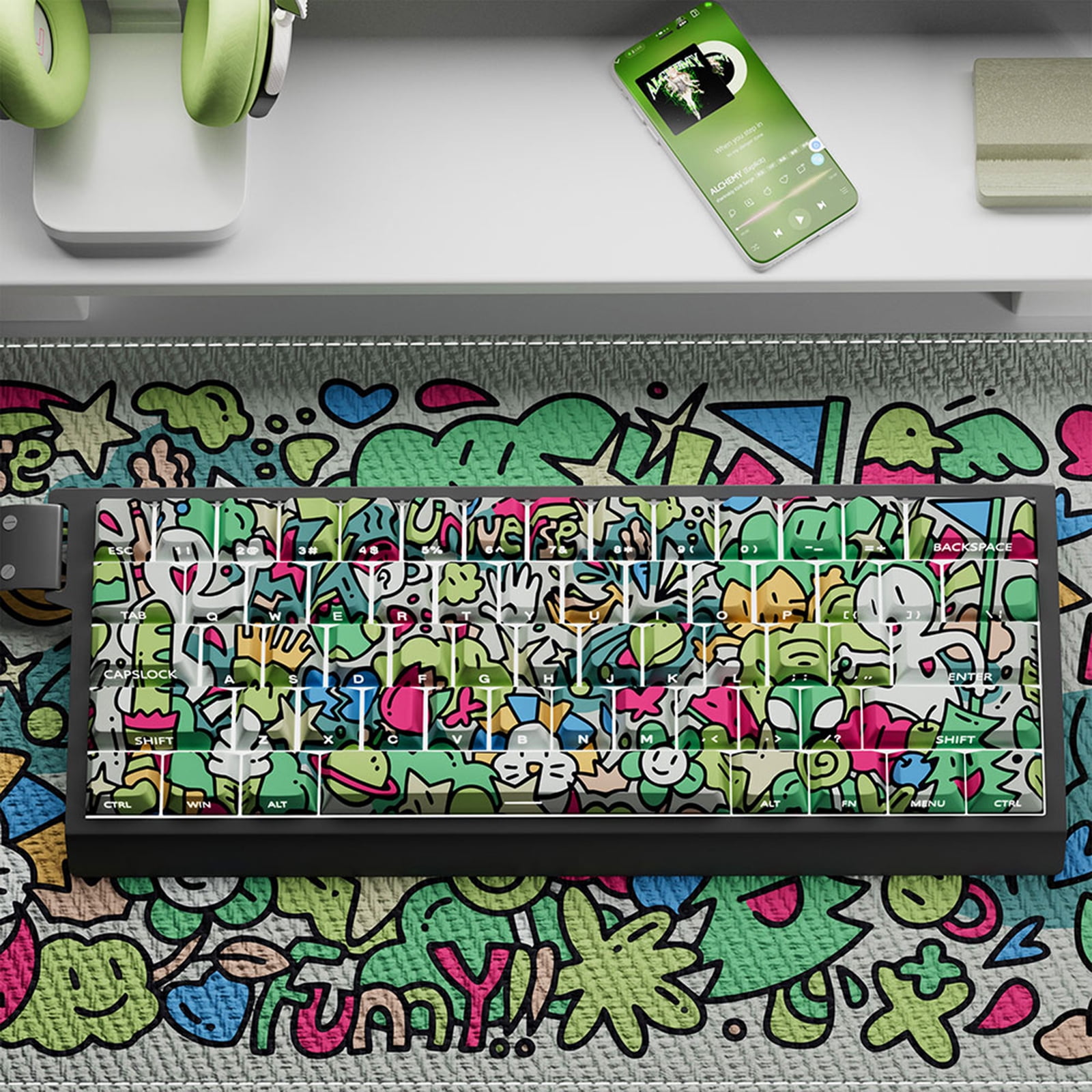 74/140Key Graffiti Artistic Design PBTs Original Profile Side Print Transparents Keycaps for Backlits Keyboards
