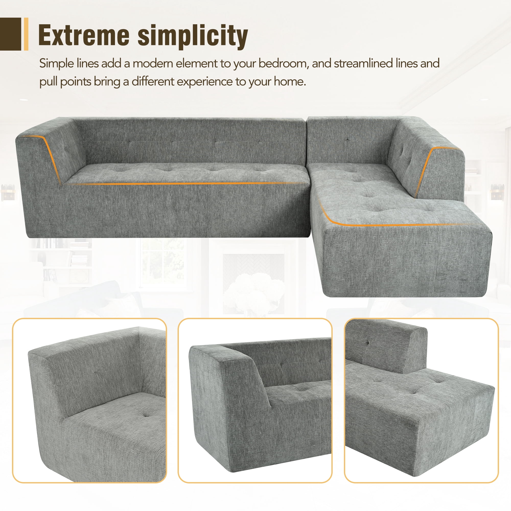 MOONMISS 112.2" Chenille L-Shaped Modern Minimalist Modular Free Combination Living Room Sofa-Light Gray