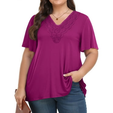 WellSize Women Plus Size Tops Dressy Lace V Neck Shirts Casaul Short Sleeve Tunic Blouses