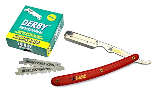 Classic Samurai Stainless Steel Professional Barber Straight Edge Razor with 100 Derby Single Edge Razor Blades (Red)