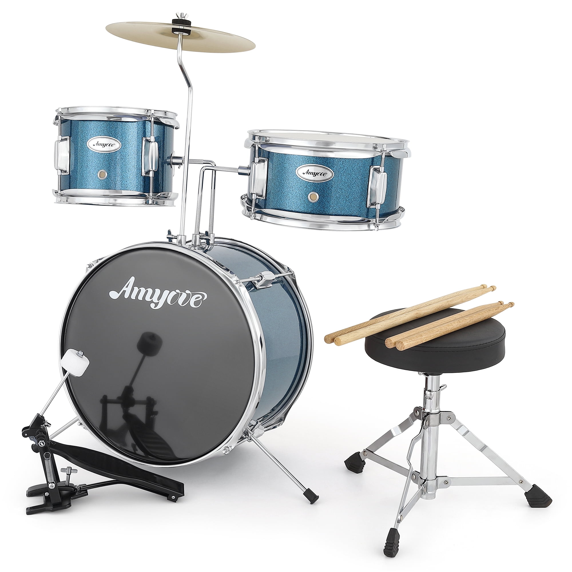 Drum Set, 3 Piece Junior Drum Set with with Cymbal, Tom, Bass Drum, Drumsticks, Bass Pedal and Drum Stool, Musical Instrument Gift Set For Beginner