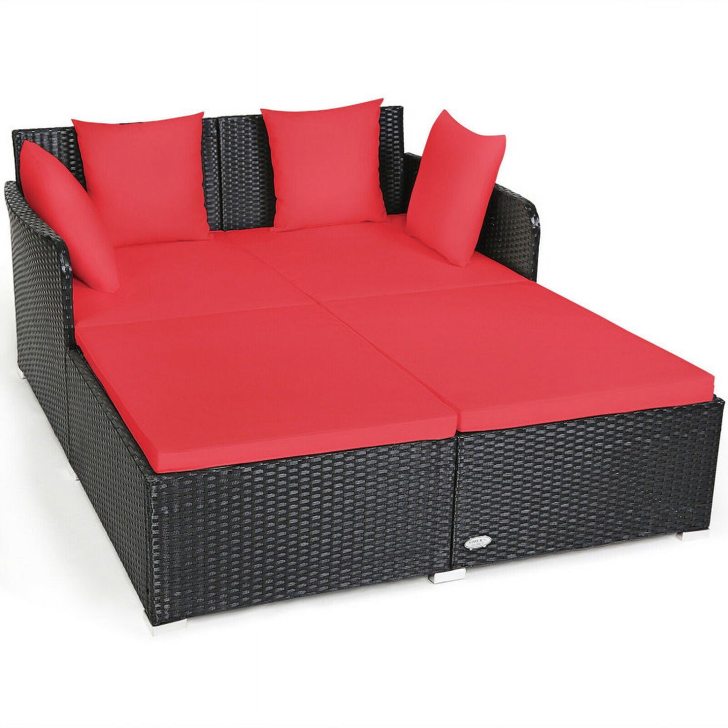 Aimee Lii Spacious Outdoor Rattan Daybed with Upholstered Cushions and Pillows, Outdoor Deck Furniture, Red Aimee Lii Spacious Outdoor Rattan Daybed with Upholstered Cushions and Pillows, Outdoor Deck Furniture, Red