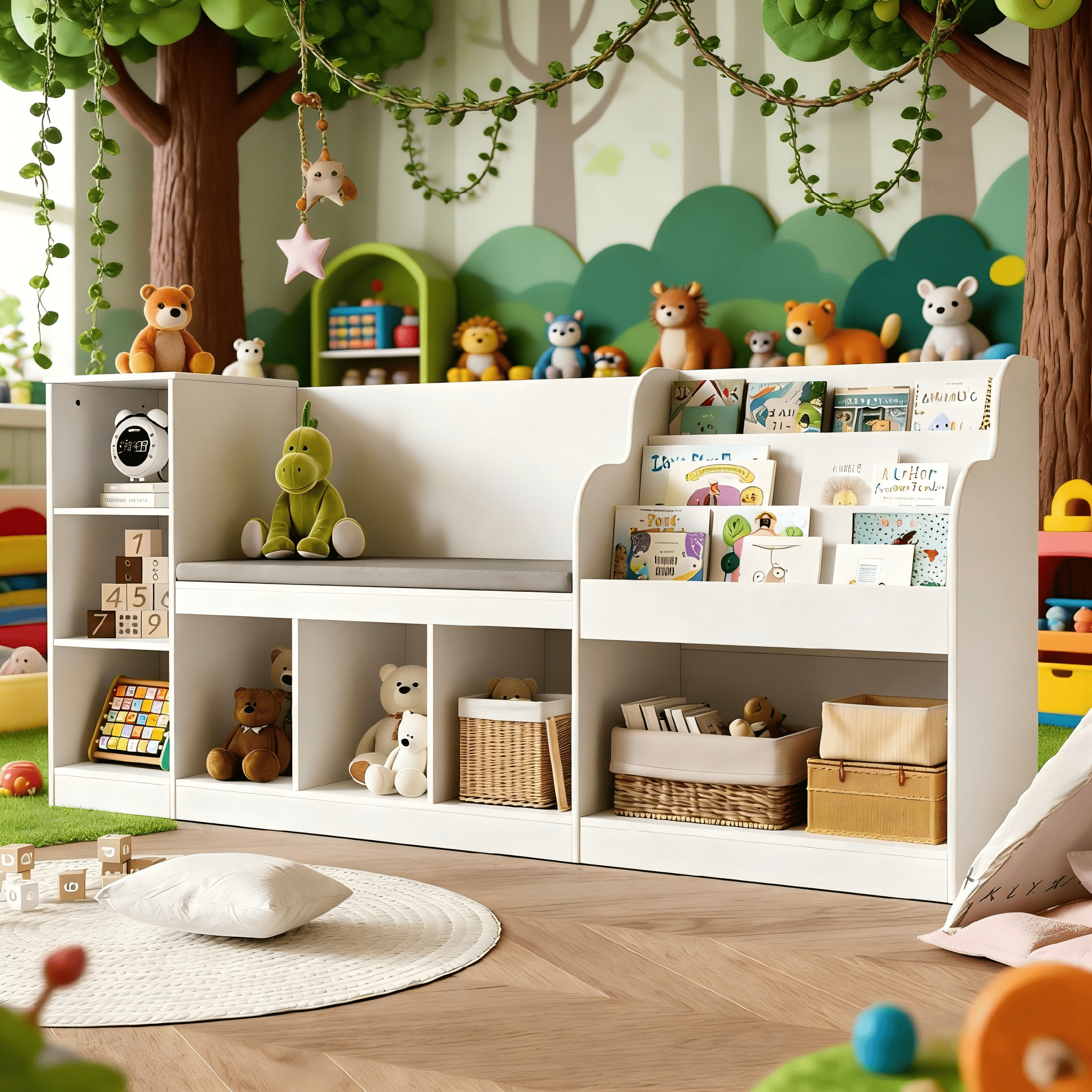 Lofka Kids Bookshelf with Reading Nook & Toy Storage - 3-Tier Bookshelf, 7 Cube Organizer, Double Seat & Anti-Tip Design - Perfect Children’s Bookcase & Playroom Furniture (White)