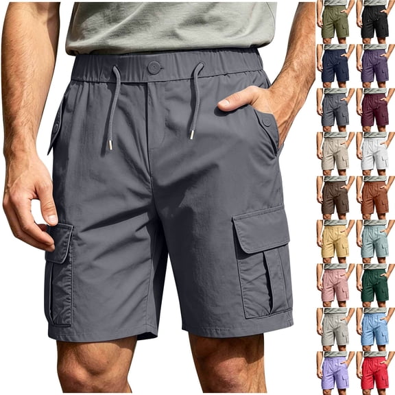 Men's Casual Twill Pull on Cargo Shorts Button Zip Fly Cotton Elastic Waist Loose Fit Drawstring Work Short with Muti Pocket Dark Gray