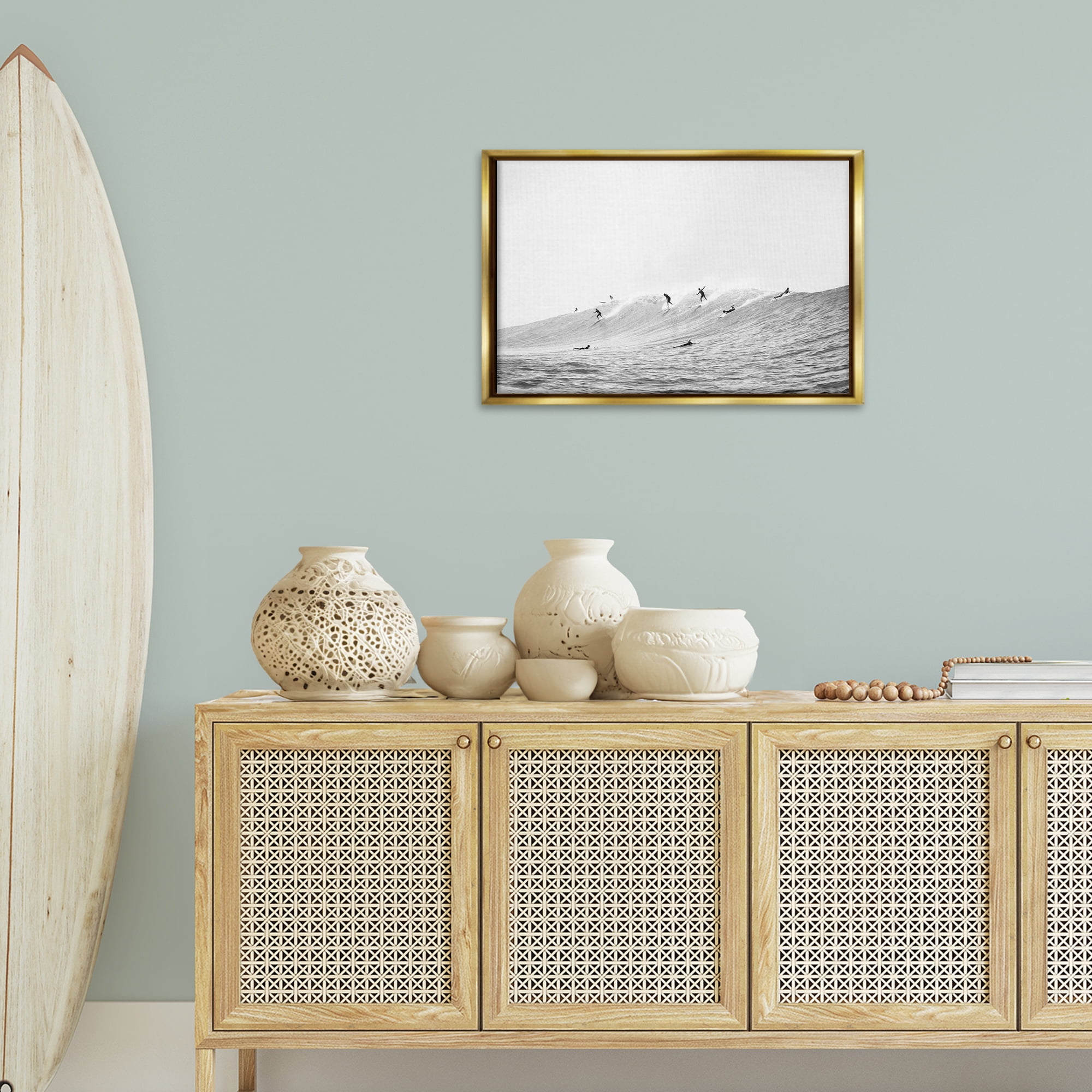 Stupell Industries Summer Wave Surfers Nautical & Beach Photography Gold Floater Framed Canvas Art Print Wall Art, 25 x 17