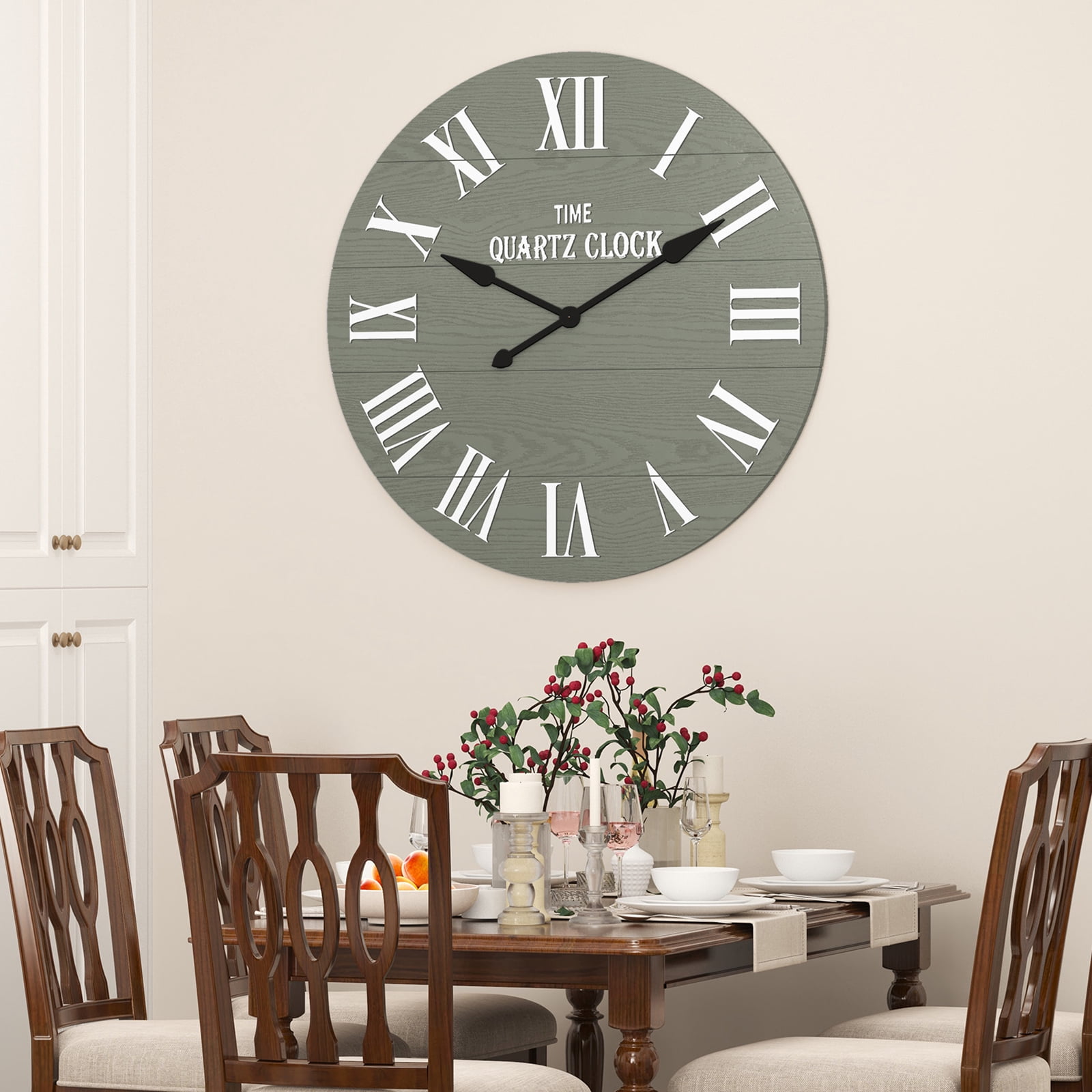 HLR 35.5” Farmhouse Large Shiplap Round Wall Clock with Roman Numeral for Living Room Decor, Green