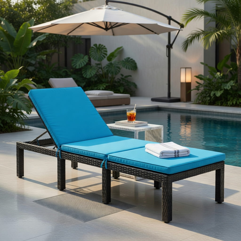 Hommoo Adjustable Height Outdoor Rattan Lounge Chair with Cushion, PE Wicker Patio Chair for Poolside, Garden, Porch, Turquoise