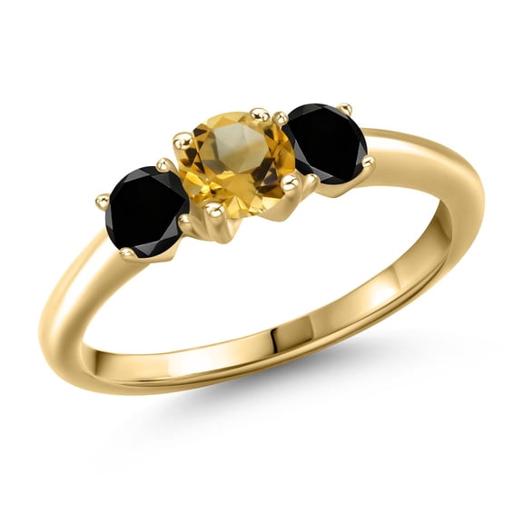 Gem Stone King 10K Yellow Gold Yellow Citrine and Black Diamond Engagement Ring for Women | 0.99 Cttw | Round 5MM | Gemstone November Birthstone | Size 7