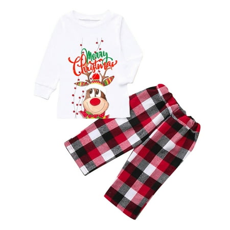 

TAIAOJING Christmas Pjs Deer Plaid Print Long Sleeve T Shirt Top And Pants Xmas Sleepwear Holiday Family Matching Pajamas Outfit 4-5 Years