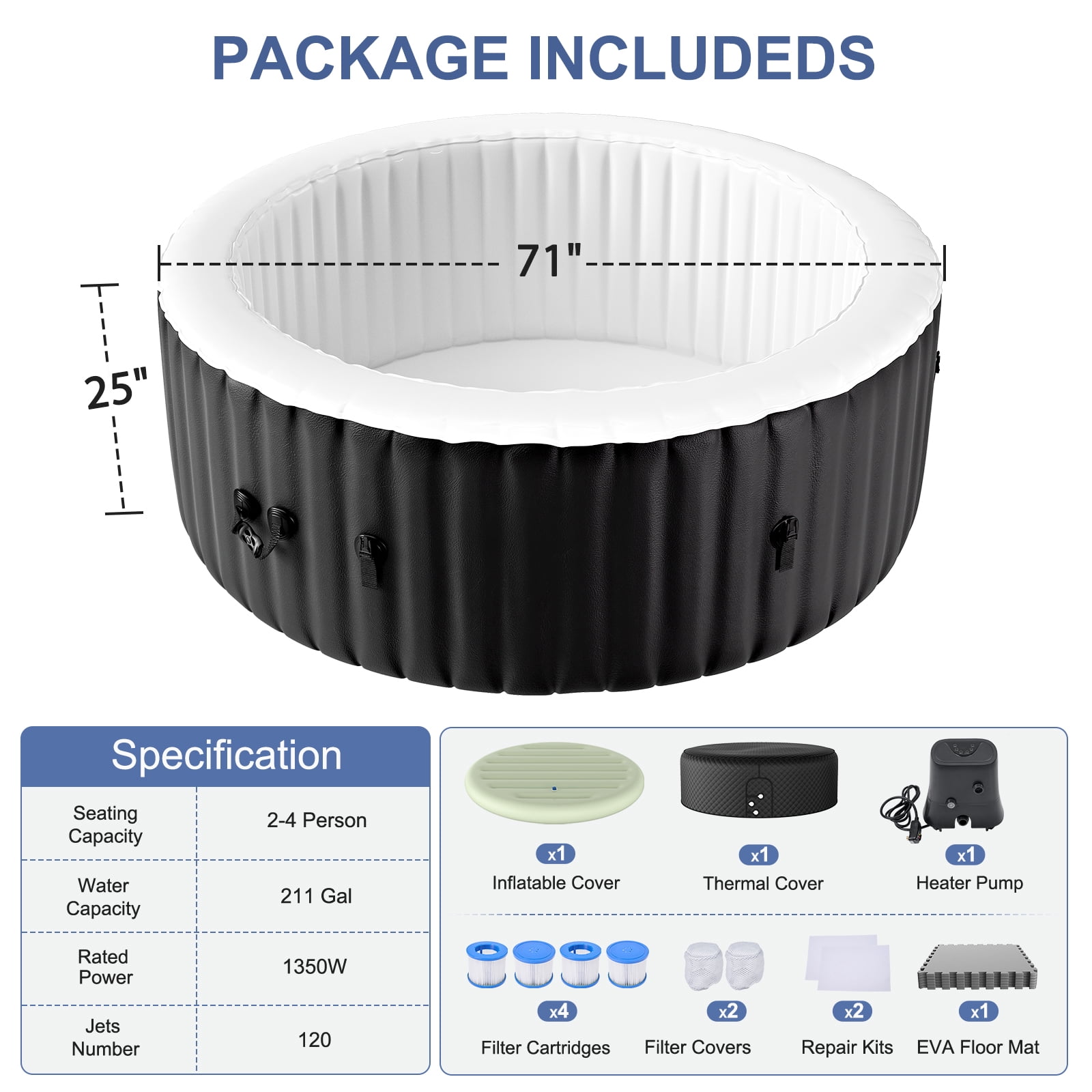 FICISOG Energy Efficient Inflatable Hot Tub Set, 4 Person 71" Outdoor Round Hot Tub SPA Pool with Bubble Jets, Filters, Heater Pump, Insulated Tub Cover and EVA Mat, Portable Outdoor Family Pool