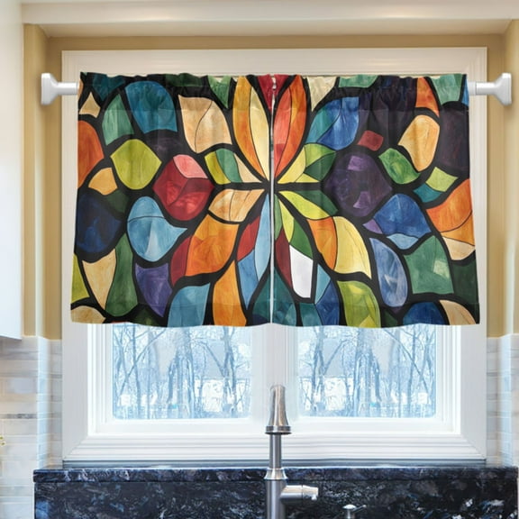 Ryvnso Boho Flower Style Half Curtains Sets Tier 2 Panels Short Curtain Rod Pocket 27"W x 24"L